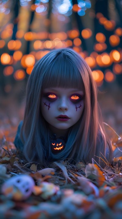 a creepy doll with glowing eyes laying on the ground in front of some pumpkins Halloween Scary Cute Girl Joker Art, Beautiful Barbie Dolls, Art Birthday, Face Hair, dark slate gray