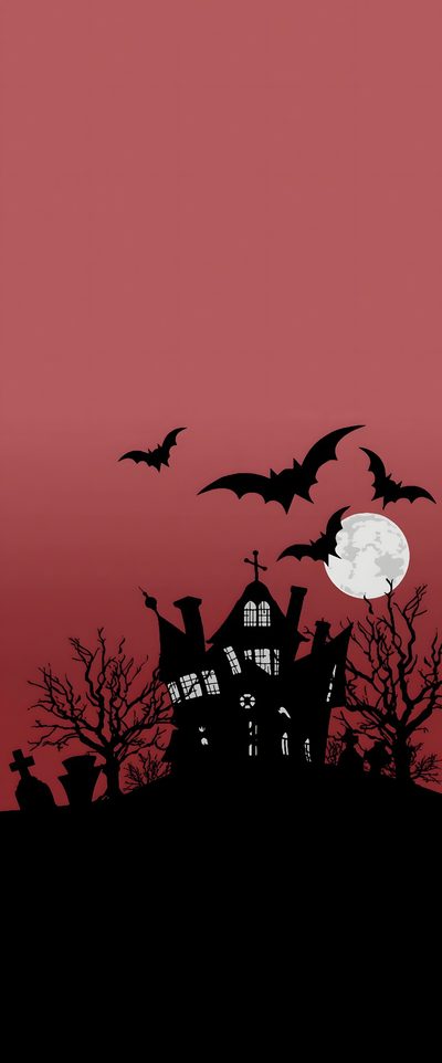 a house with bats flying over it in front of a full moon and red sky Halloween Ios Halloween Backgrounds For Phone, Iphone Halloween Background, Slay Halloween Background, sienna