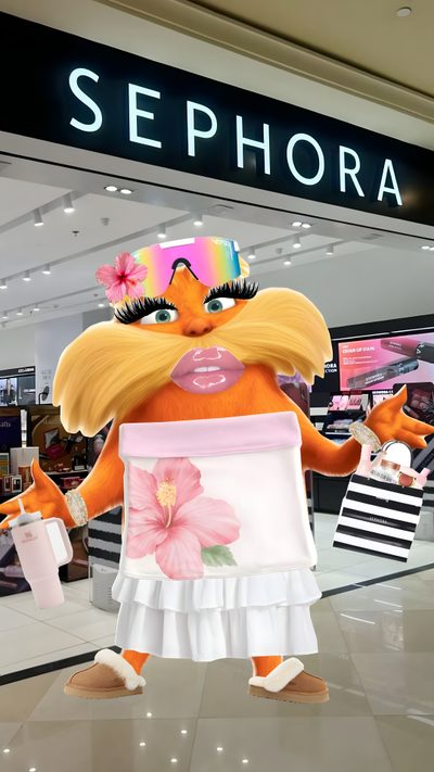 an orange and white cat holding a sign in front of a storefront with the words sephora on it Preppy Lorax Halloween Pit Viper, The Lorax, Cute Backgrounds, I Laughed, Sephora, Cowboy Hats, rosy brown