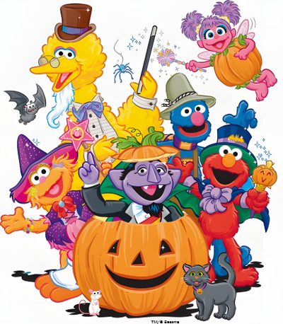 the sesame street characters are all dressed up in costumes and pumpkins for halloween time Sesame Street Halloween Elmo Happy Halloween, Sesame Street Halloween Clipart, Sesame Street Characters Vampire, burlywood