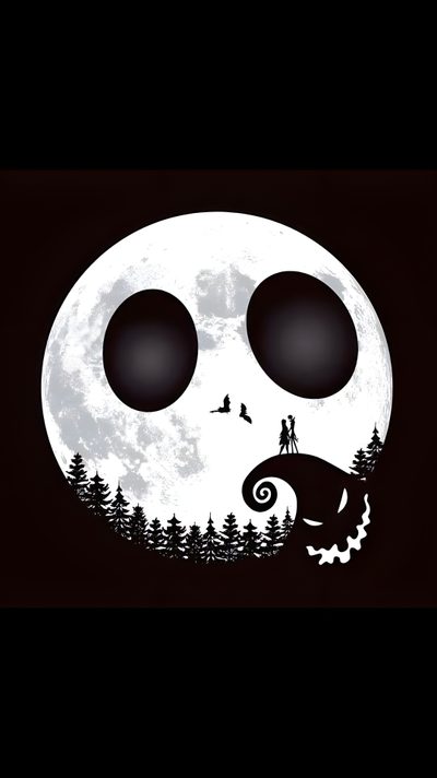 an image of a full moon with two people in the sky and trees on it Cute Halloween Jack Skellington Halloween Iphone, The Nightmare Before Christmas, Halloween, black