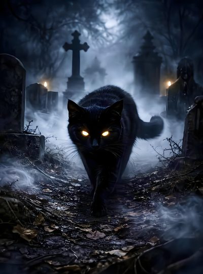 a black cat with glowing eyes walking through a cemetery Creepy Black Cat Halloween Happy Halloween Pictures, Witch Pictures, N Animals, dark slate gray