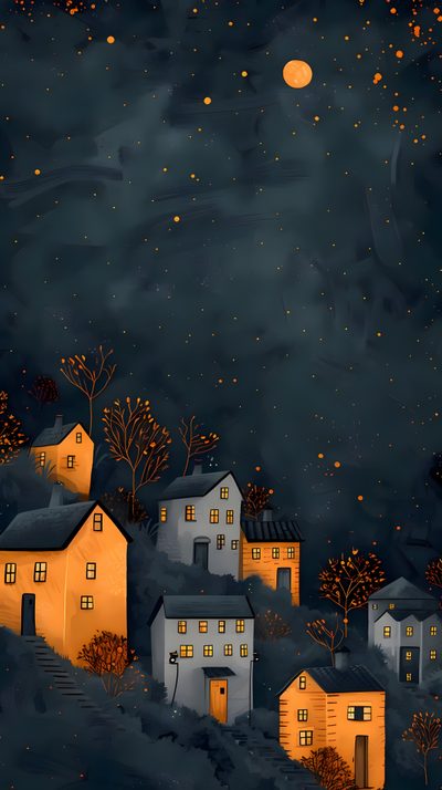 a painting of houses on a hill at night Halloween Sky Iphone House Phone, Fall Whimsical, Autumn Illustration, Cozy Phone, dark slate gray