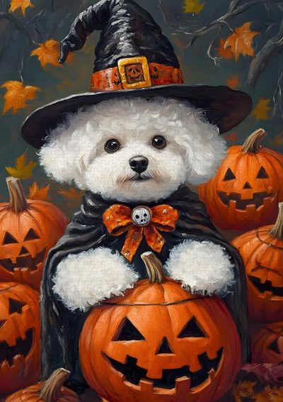 a painting of a teddy bear dressed as a witch with pumpkins Halloween Poodle Dog Halloween Pictures, Halloween Dog Painting, Happy Halloween With Dogs, dark olive green