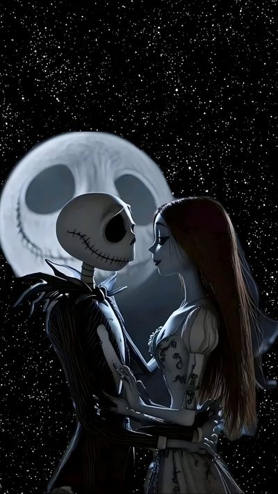 a couple dressed up as jack and sally from the nightmare before they were married in front of a full moon Halloween Jack And Sally Jack And Sally Pfp, Corpse Bride Movie, Jack Nightmare Before Christmas, black