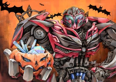 a painting of a robot holding a pumpkin in front of an orange background with bats Transformers Halloween Transformers Megatron, Lego Transformers, Arte Robot, Hasbro Transformers, sienna