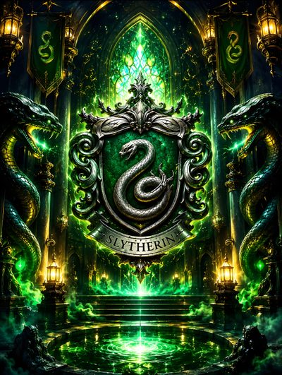 the sly emblem is surrounded by green and yellow lights in front of an ornate doorway Slytherin Halloween Harry Potter Backgrounds, Slytherin Crest, Hogwarts Christmas, black