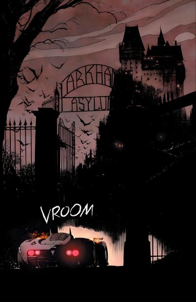 a movie poster for the upcoming horror film vroom with a car in front of a castle Arkham Halloween Gotham City Comic, Arkham Asylum Gate, Arkham Asylum Sign, Gotham Comic Background, black