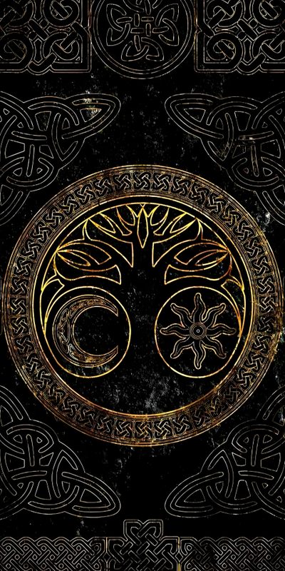 the tree of life symbol is shown in gold on black paper with celtic patterns and circles around it Halloween Celtic Celtic Fantasy, Yggdrasil Iphone, Celtic Symbol, Celtic Aesthetic, Celtic Knot Iphone, black