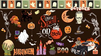 an image of halloween stickers on a black background with pumpkins and ghostes Cute Aesthetic Halloween For Computer Desktop Background Halloween, Desktop Halloween, Halloween For Laptop, black