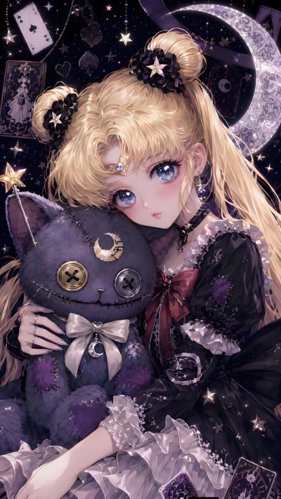 a girl holding a stuffed animal in her arms with stars and moon on the background Sailor Moon Halloween Sailor Moon Fan Art, Sailor Moon, Sailor Scouts, Magical Girl, dark slate gray