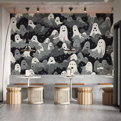 the wallpaper is designed to look like it has ghost faces on it, while two stools sit in front of them Halloween Ghost For Walls Halloween Room, Halloween For Bedroom, Ghost Mural, Haunted House For Bedroom, gray