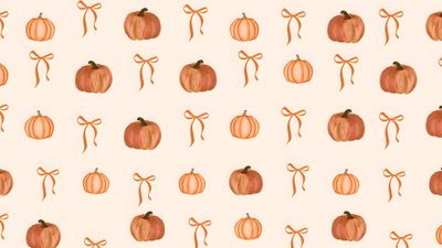 a pattern with pumpkins and bows on a pink background that is drawn in watercolor Pumpkin Pumpkin Cute Halloween Fall Aesthetic Background Computer, Thanksgiving Mac, Pumpkin With Bows, linen