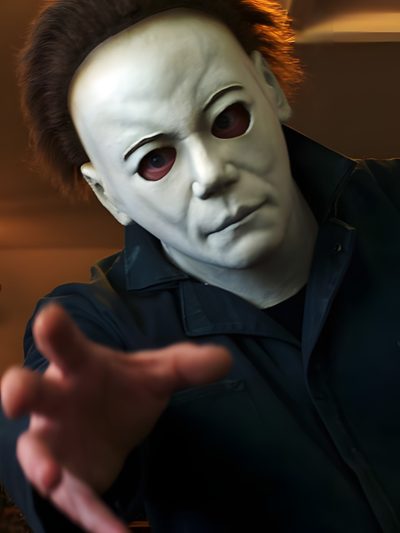 a man in a white mask pointing at something Halloween H20 Michael Myers Head Shot, Michael Myers Face Without Mask, Michael Myers Headshot, black