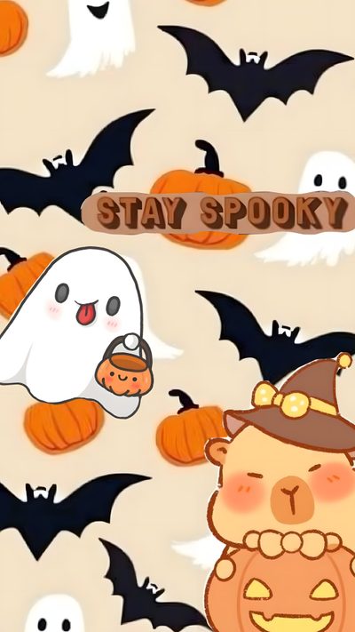 a group of cartoon characters with pumpkins and ghostes in the background that says stay spooky Capybara Halloween Cute, Halloween Backgrounds, Cute Animals, Halloween Capybara, Paper Doll Template, bisque