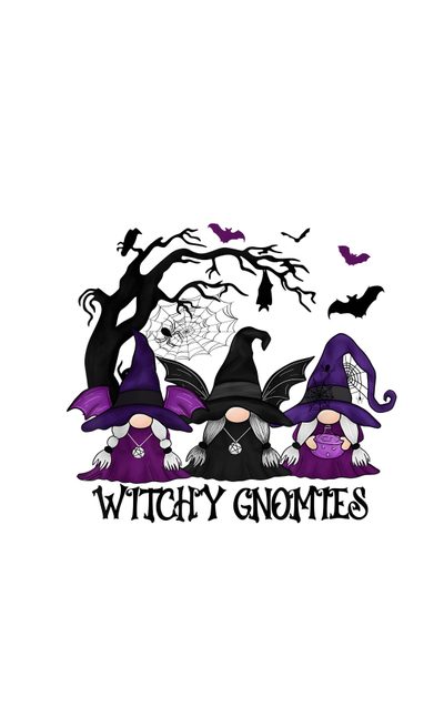 three witches sitting under a tree with bats on it's head and the words witchy gnomies above them Halloween Gnomes 4 Halloween Gnome Ideas, Purple Gnome Background, Halloween Gnomes, white