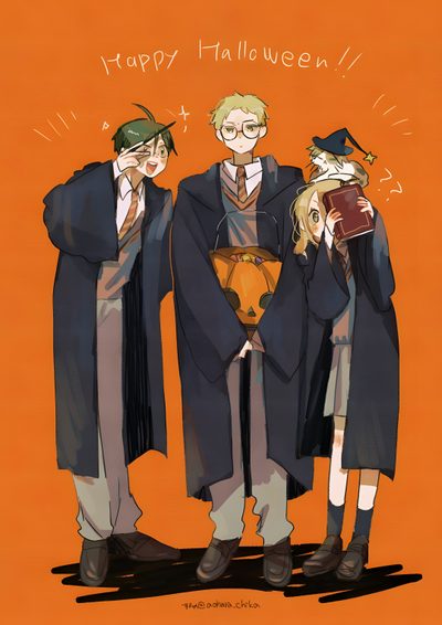 three harry potters standing next to each other in front of an orange background with the words happy halloween written on it Haikyuu Halloween Party Tsukishima, Haikyuu Halloween, Haikyuu Tsukishima X Yamaguchi Fanart, chocolate