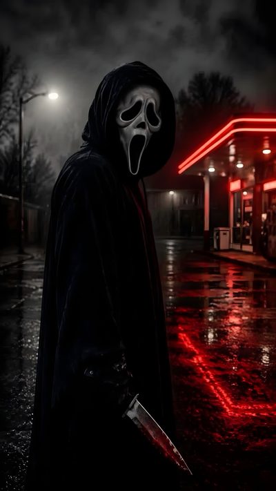 a person wearing a mask and holding a knife in front of a gas station at night Halloween Scary Ghostface Ghostface Scream, Louis Vuitton Pattern, Halloween Cute, Horror Artwork, black