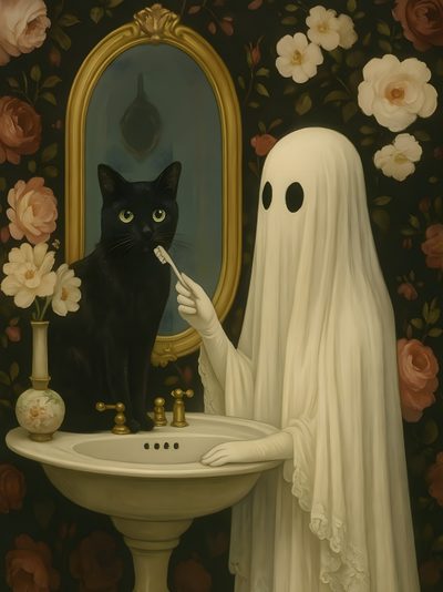 a black cat sitting on top of a bathroom sink next to a ghost holding a toothbrush Halloween Bathroom Dreamy Art, Black Cat Pictures, Cat Wall Art, Halloween Artwork, dark olive green