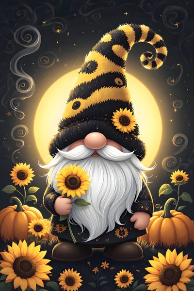 a gnome with sunflowers in front of a full moon Halloween Gnome Ideas Gnome Background, Elephant Phone, Gnome, Gnome Images, Gnome Pictures, dark slate gray