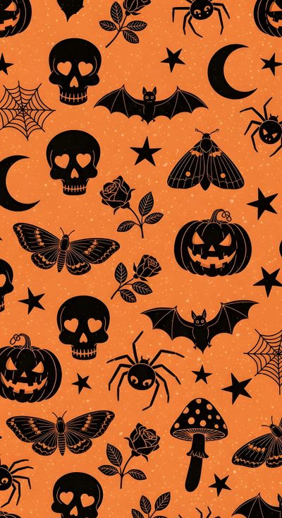 an orange and black halloween background with skulls, bats, pumpkins and other decorations Aesthetic Halloween Elements Halloween Pattern, Halloween Bats, Aesthetic Design, peru