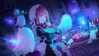 an anime character standing in front of a table filled with cake and candy items, Pjsk Halloween Animated Pjsk Cards, Honami Project Sekai Cards, Honami 4 Star Cards, dark slate blue