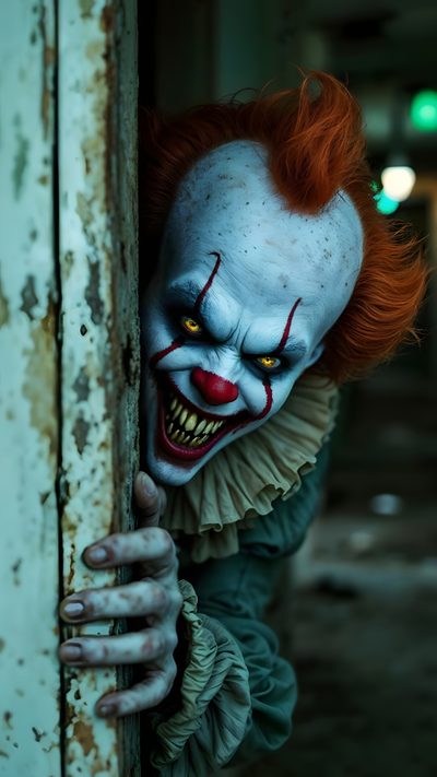 a creepy clown with red hair peeking out from behind a door Clown Halloween Scary Phone Backgrounds, Horror Ghost Images, Scary Clown Drawing, Creepy Gif, dark slate gray