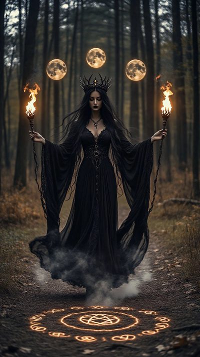 a woman holding two torches in her hands while standing on a path through the woods Gothic Halloween Witch Goddess Magick, Hecate Goddess, Gothic Photography, Witch Pictures, dark slate gray