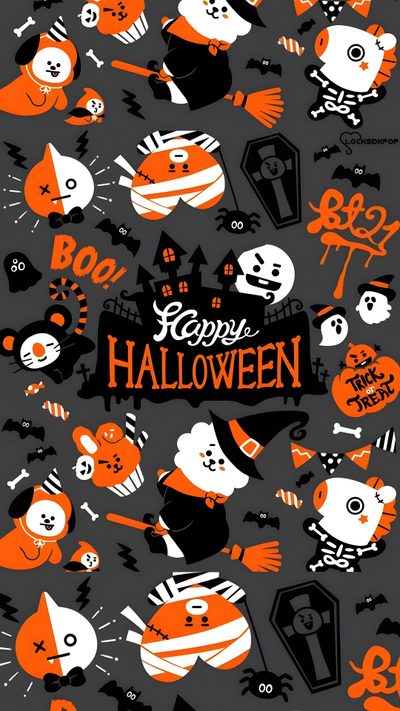 an orange and black halloween poster with lots of cartoon characters on it's back Bt21 Halloween Bt21 Fall, Bt21 Christmas, Bt21 Thanksgiving, Halloween Skzoo, Bt21 Halloween, dark slate gray