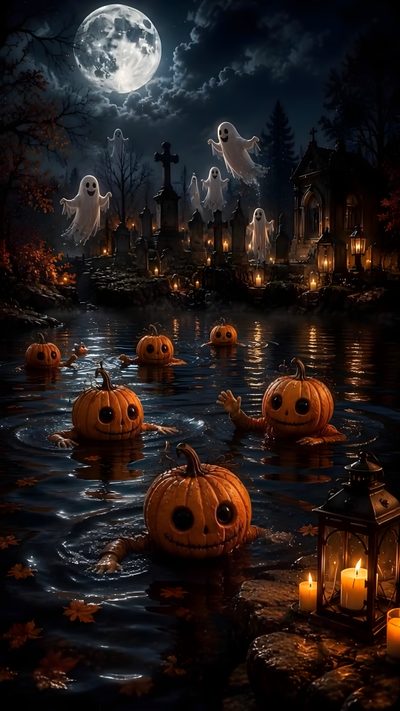 halloween pumpkins floating in the water with ghost's and graveyard lights around them Free Live Halloween Halloween Ambience, Halloween Scenery, Halloween Live, Halloween Desktop, black
