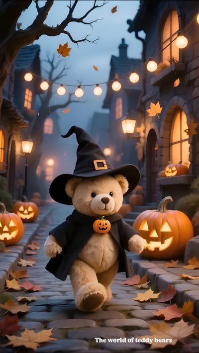a teddy bear dressed up as a witch with pumpkins and lights in the background Teddy Bear Halloween Teddy Bear Halloween, Halloween Bear Gif, Fall Teddy Bear, dark olive green