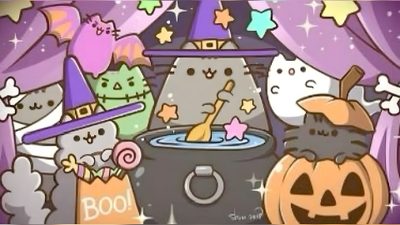 an animated halloween scene with cats and pumpkins Halloween Cutecore Cute Halloween Card Inspiration, Cute Halloween Cartoon Scene, Cute Spooky Characters, rosy brown