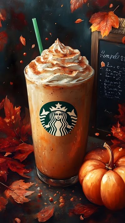 a painting of a starbucks drink with whipped cream and pumpkins Halloween Starbucks Fall Starbucks, Pumpkin Spice Latte Aesthetic, Pumpkin Spice Android, dark slate gray