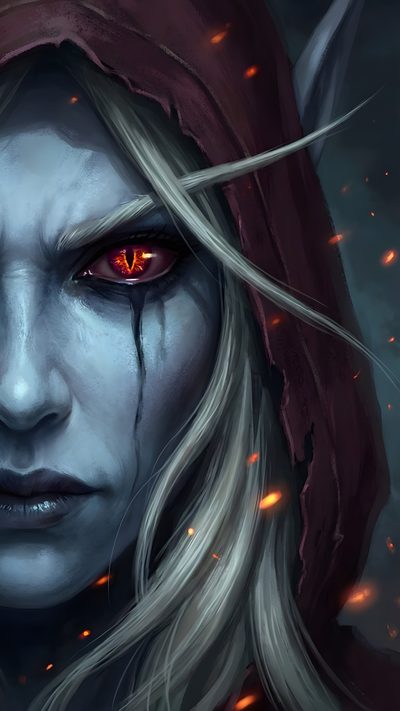 a woman with red eyes and long blonde hair is staring at the camera in front of flames World Of Warcraft Halloween World Of Warcraft Bilder, Warcraft Iphone, Sylvanas Windrunner Phone, dark slate gray
