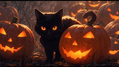 a black cat standing in front of pumpkins with glowing eyes and fangs on them Halloween Cat 4k Halloween For Pc, Halloween Animal Desktop Background, Desktop Black Cat Halloween, maroon