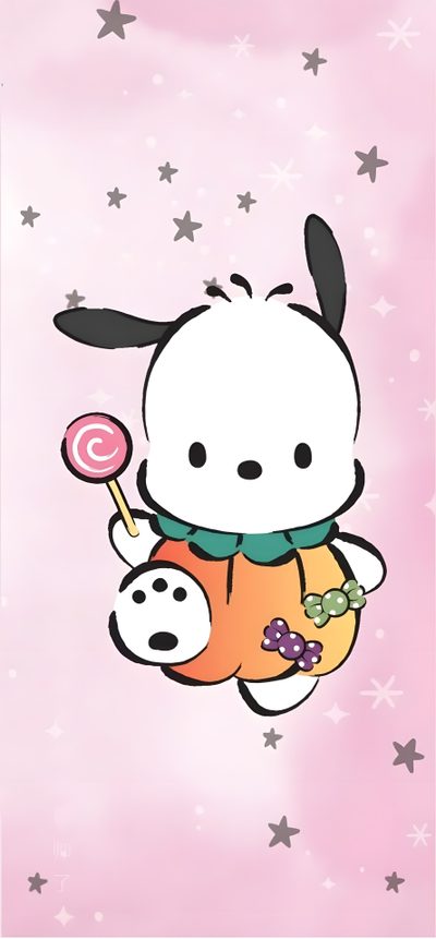 a cartoon character holding a lollipop in the air with stars around it on a pink background Pochacco Halloween Pochacco Halloween Pfp, Pochacco Halloween Coloring Pages, Pochacco Halloween Png, misty rose