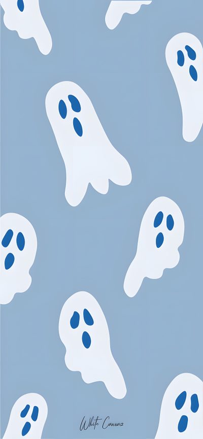 a blue and white pattern with ghost like shapes on the side, in front of a light blue background Cute Light Blue Halloween Halloween Backgrounds, Cute Blue, Halloween Iphone,