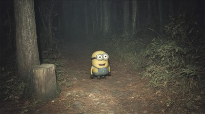 a minion sitting in the middle of a forest Minion Halloween Desktop Minion Meme Forest, Minion Staring In Forest Meme, Minion Creepy Meme, dark slate gray