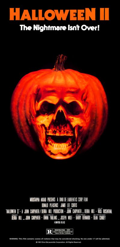 a movie poster for halloween ii the nightmare isn't over with a skull and pumpkin Halloween 2 Halloween 2 Movie Poster, Halloween 3 Poster, Halloween 2 Movie, Halloween 2 Poster, black