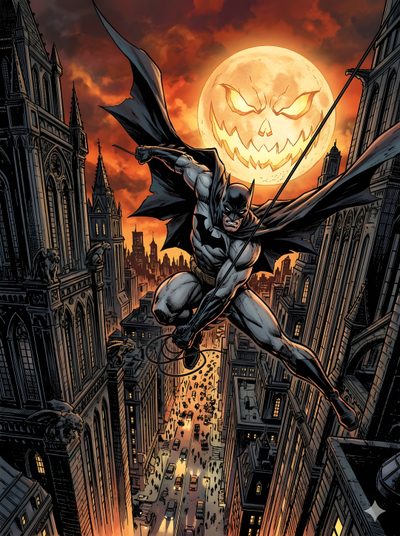 a batman flying through the air in front of a full moon and cityscape Dc Halloween Justice League Art, Batman The Long Halloween, Batman Illustration, dark slate gray