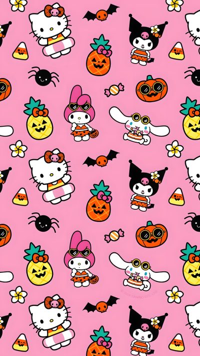 hello kitty halloween wallpaper with pumpkins, cats and bats on pink background in various colors Sanrio Hello Kitty Halloween Halloween Cute, Geek Squad, Hello Kitty Aesthetic, Screen Savers, light pink
