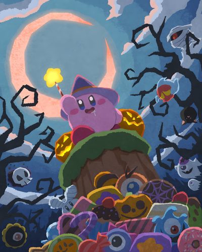a painting of an animal on top of a pile of candy Kirby Halloween 4k Nintendo Halloween, Kirby Autumn, Kirby Character, slate gray