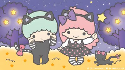 two cartoon characters are walking in the night with stars and trees behind them, one is holding her hand Little Twin Stars Halloween Little Twin Stars Halloween, Twin Stars Halloween, Which One Is Kiki And Lala, dark gray