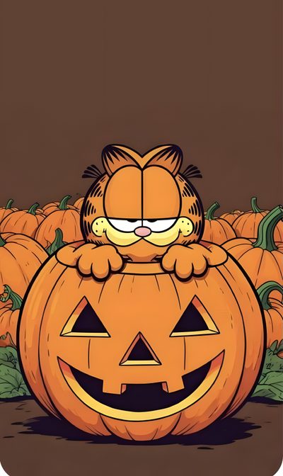 a cat sitting on top of a pumpkin in the middle of a pile of pumpkins Halloween Garfield Halloween, dark olive green