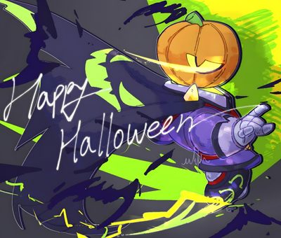 a cartoon character with a pumpkin on his head and the words happy halloween written in white Halloween Pumpkin Brawl Custom Leon Halloween Brawl Stars, Brawl Stars Halloween, Halloween Sonic, dark slate gray
