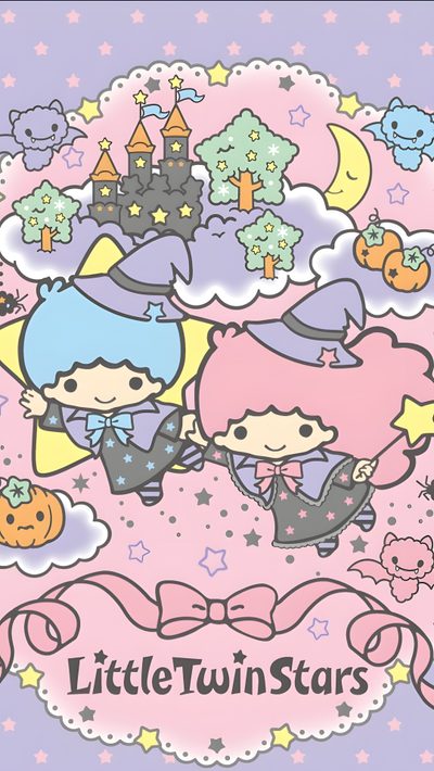 an advertisement for little twin stars featuring two girls Little Twin Stars Halloween Kawaii Sanrio Halloween, Sanrio Halloween Pastel, Little Twin Stars Halloween, thistle