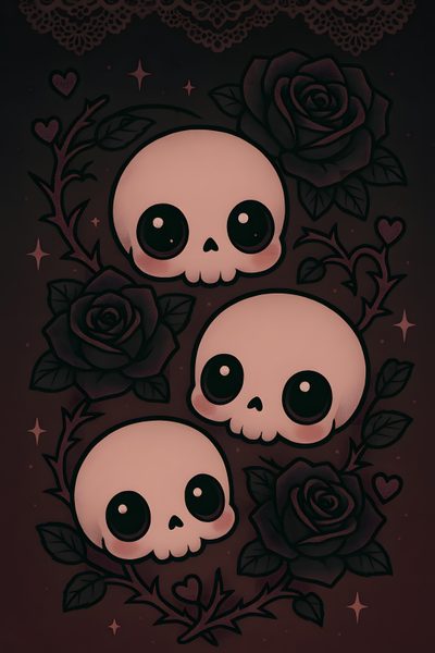 three skulls and roses on a black background Cute Halloween Skull Skull Backgrounds, Aesthetic Goth Pictures, Halloween Goth, Cute Skull Aesthetic, black