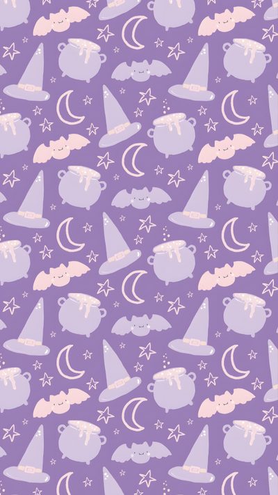 a purple and white pattern with witches, stars and crescents on the background in pastel colors Boho Halloween On Light Purple Cute Pastel Aesthetic Halloween Background, Light Purple Halloween, Kawaii Cute Purple Halloween,