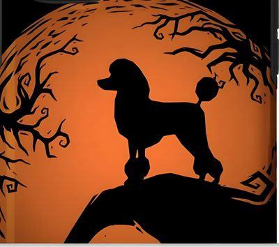 the silhouette of a poodle dog is shown in front of an orange full moon Halloween Poodle Poodle Silhouette Illustrations, Poodle Pumpkin, sienna