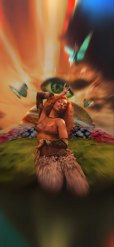 a digital painting of a woman sitting on the ground with her arms outstretched and eyes closed Sza Halloween Sza 4k Iphone, Sza Singer Aesthetic, Sza Psa, Sza Iphone Background, dark olive green